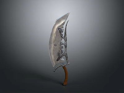 Curved Blade Weapon Featuring Silver Metal Intricate Carvings And Brown Wooden Handle 3d model
