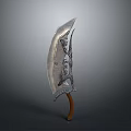 Curved Blade Weapon Featuring Silver Metal Intricate Carvings And Brown Wooden Handle