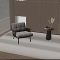 Modern Upholstered Neutral Toned Lounge Chair With Side Table And Wooden Wall Decor