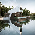 Modern Lakeside Boutique Villa With Triangular Roof Glass Facade And Water Reflection Among Trees
