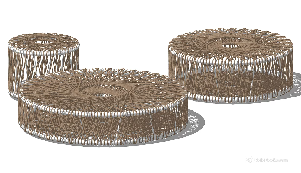 Three Round Woven Rattan Coffee Tables With Modern Natural Design Elements 3d model