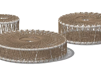 Three Round Woven Rattan Coffee Tables With Modern Natural Design Elements 3d model