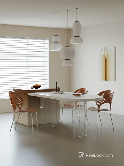 Modern Dining Table and Chair Set With Wooden Chairs Pendant Lights Blinds And Wall Art 3d model 