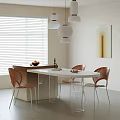 Modern Dining Table and Chair Set With Wooden Chairs Pendant Lights Blinds And Wall Art
