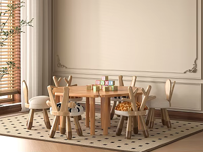 Wooden Kids Table With Colorful Blocks Toys And Cozy Chairs On Patterned Rug 3d model