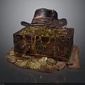 Antique Wooden Treasure Chest With Gold Coins Jewelry And Leather Hat
