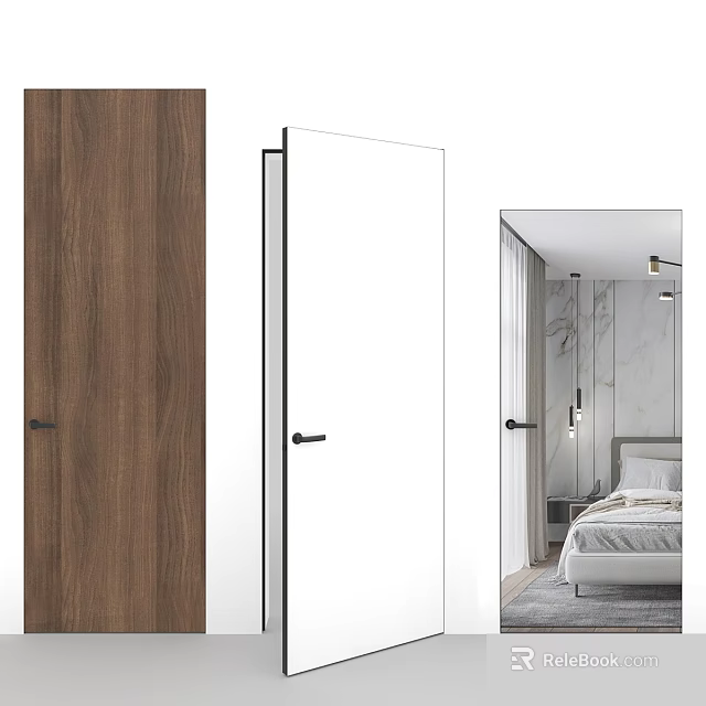 Sleek Modern Hinged Door Design With Wood Grain And White Finish For Bedroom Interior 3d model 
