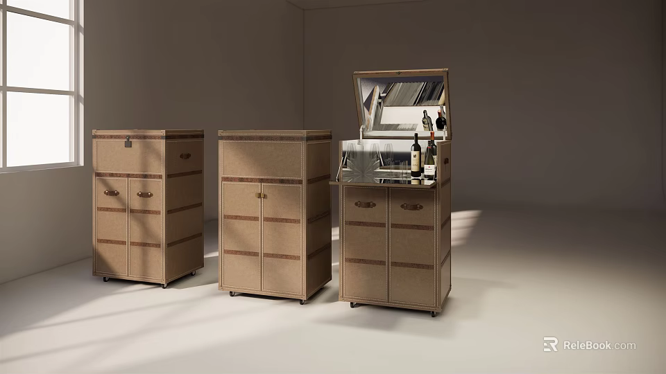 Three Modern Wooden Sideboard Cabinets With Drawers And Open Door Design 3d model 