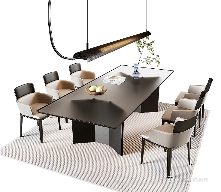 Modern Dining Table Set With Glass Top Beige Upholstered Chairs Pendant Light And Fruit Bowl 3d model 