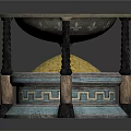 Traditional Decorative Table With Round Top Storage Base Columns Yellow Filling and Blue Gray Accents