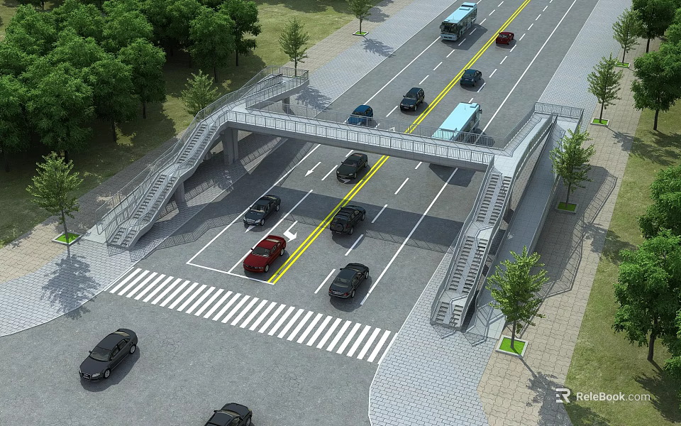 Pedestrian Bridge Over Busy Road With Vehicles And Green Trees Alongside 3d model 
