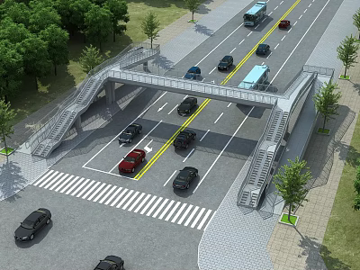 Pedestrian Bridge Over Busy Road With Vehicles And Green Trees Alongside 3d model