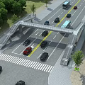 Pedestrian Bridge Over Busy Road With Vehicles And Green Trees Alongside