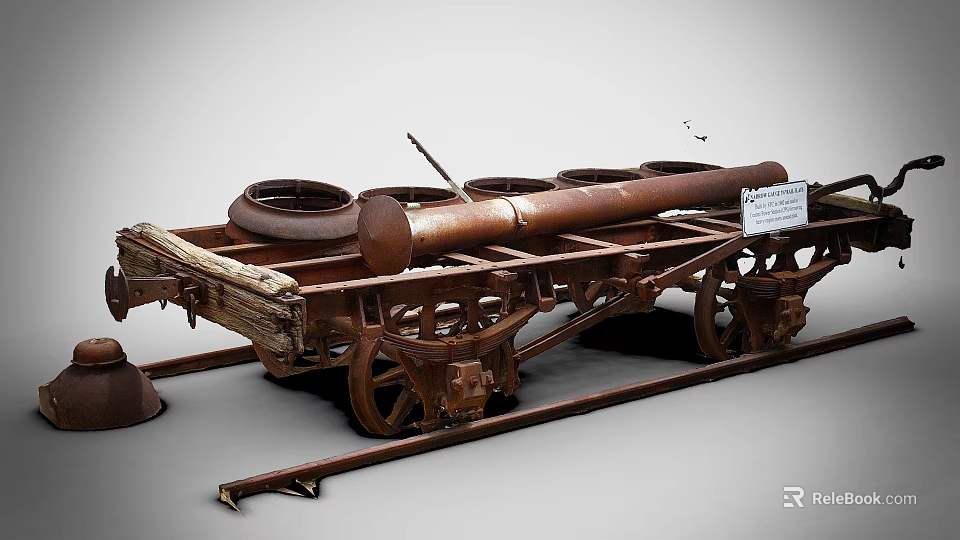 Rusted Historical Cannon Cart With Wooden Parts Iron Wheels Barrel And Sign 3d model 