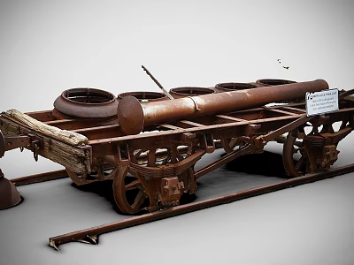 Rusted Historical Cannon Cart With Wooden Parts Iron Wheels Barrel And Sign 3d model