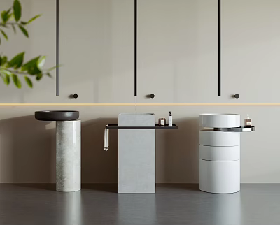Modern Bathroom Vanity Set with Three Different Pedestal Designs and Green Plant Accents 3d model