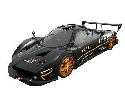 Black Racing Sports Car With Pirelli Tires And Yellow Alloy Wheels Aerodynamic Design 3d model