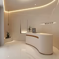 Elegant Modern Shop Front Desk With Curved White Design Golden Accents And Indoor Plants