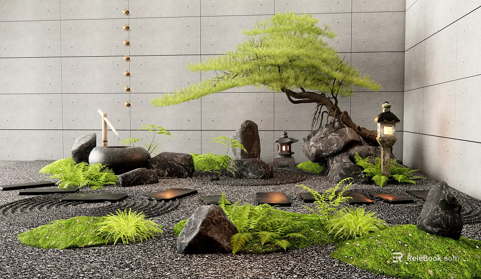 Karesansui Zen Garden With Green Pine Tree Rocks Stone Lanterns Moss And Pebbles 3d model 