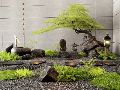 Karesansui Zen Garden With Green Pine Tree Rocks Stone Lanterns Moss And Pebbles 3d model