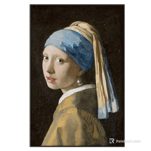 Classic Portrait Painting of Young Girl With Blue Headscarf And Pearl Earring 3d model 