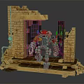 Red And Gray Robot Standing In Broken Brick Wall Doorway With Debris