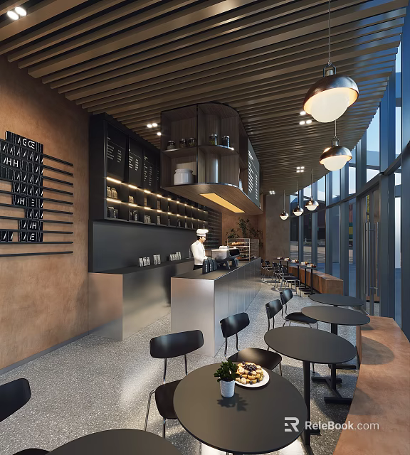 Modern Cafe Interior With Bar Counter Pendant Lights Tables And Large Windows 3d model 