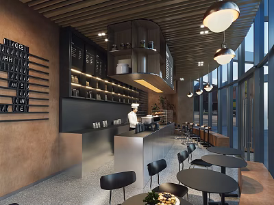 Modern Cafe Interior With Bar Counter Pendant Lights Tables And Large Windows 3d model