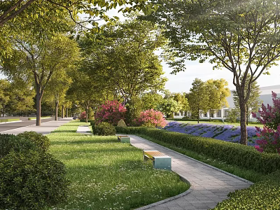 Beautiful Park Landscape With Trees Grass Pathway Bench And Purple Pink Flower Beds 3d model