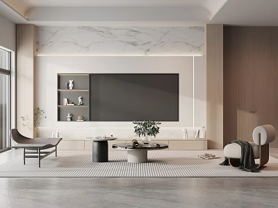 Modern Living Room TV Wall Design With Marble Finish Ambient Lighting Coffee Table And Plants 3d model