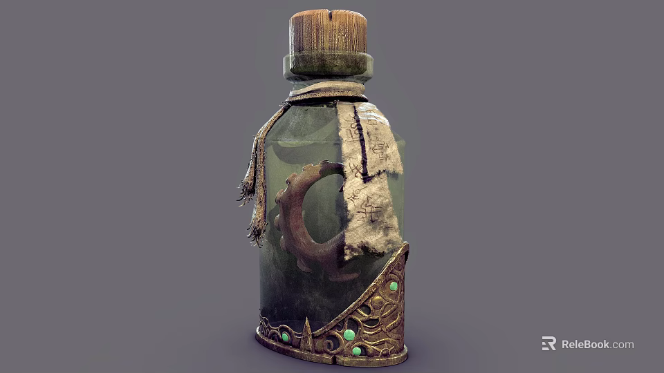 Handcrafted Ceramic Vessel With Wooden Stopper Green Gemstone and Leather Adornments In Vintage Style 3d model 