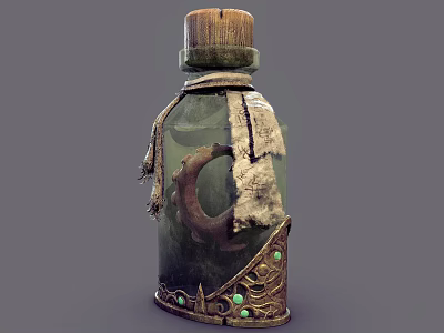 Handcrafted Ceramic Vessel With Wooden Stopper Green Gemstone and Leather Adornments In Vintage Style 3d model