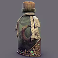 Handcrafted Ceramic Vessel With Wooden Stopper Green Gemstone and Leather Adornments In Vintage Style