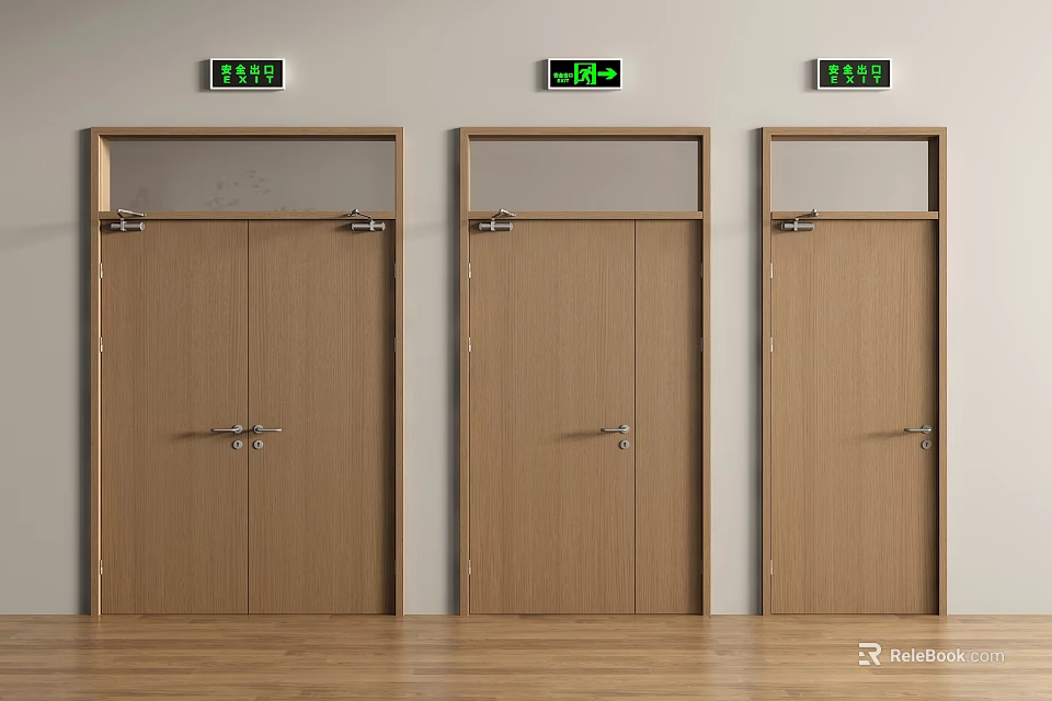 Interior View of Three Wooden Double Doors with Glass Panels and Green Signs Above 3d model 