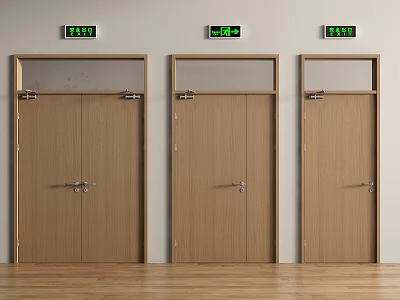 Interior View of Three Wooden Double Doors with Glass Panels and Green Signs Above 3d model