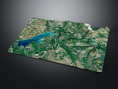 Garden Landscape 3D Terrain Model Displaying Green Mountains Blue Lake and Natural Vegetation 3d model