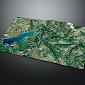 Garden Landscape 3D Terrain Model Displaying Green Mountains Blue Lake and Natural Vegetation