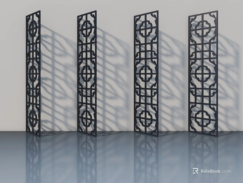 Modern Black Swing Doors With Intricate Decorative Lattice Patterns Arranged In Row 3d model 