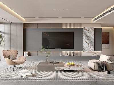 Modern Living Room Interior With Black TV Wall Marble Accent Light Sofa Coffee Table Striped Rug 3d model