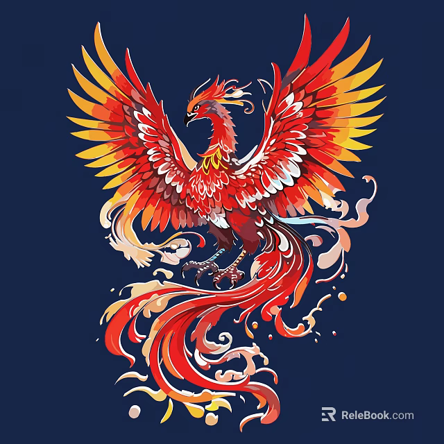 Carved Phoenix Spread Wings With Red Yellow Feathers Flame Cloud Patterns On Dark Blue Background 3d model