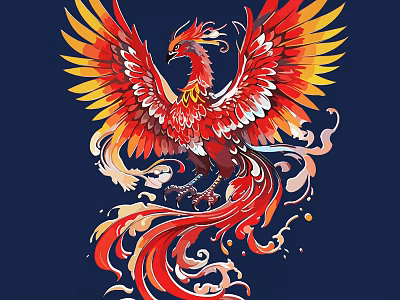 Carved Phoenix Spread Wings With Red Yellow Feathers Flame Cloud Patterns On Dark Blue Background 3d model