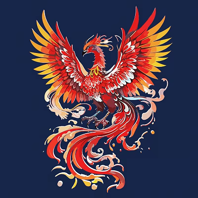 Carved Phoenix Spread Wings With Red Yellow Feathers Flame Cloud Patterns On Dark Blue Background 3d model