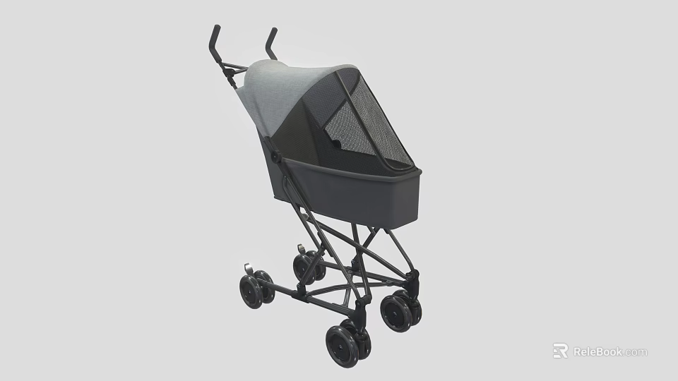 Modern Baby Stroller With Gray Canopy Black Frame And Four Wheels 3d model 