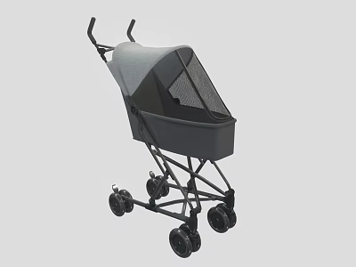 Modern Baby Stroller With Gray Canopy Black Frame And Four Wheels 3d model