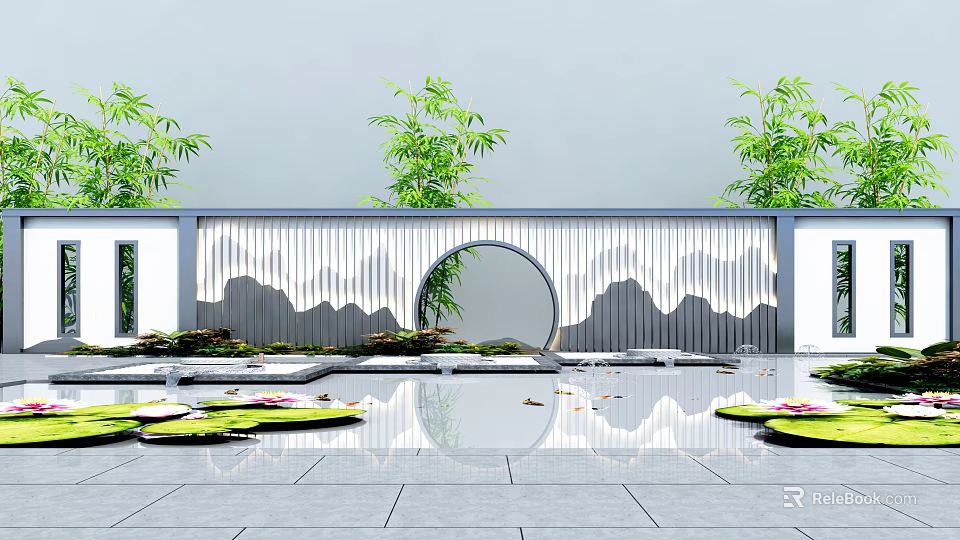 Chinese Style Garden Ornament Design With Round Arch Mountain Pattern Pond Lotus Leaves And Bamboo 3d model 