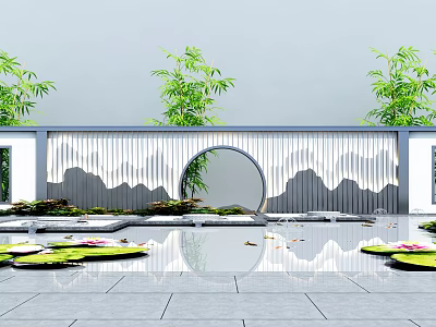 Chinese Style Garden Ornament Design With Round Arch Mountain Pattern Pond Lotus Leaves And Bamboo 3d model