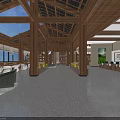 Spacious Agricultural Exhibition Hall Interior With Wooden Structure Display Shelves And Fresh Agricultural Products