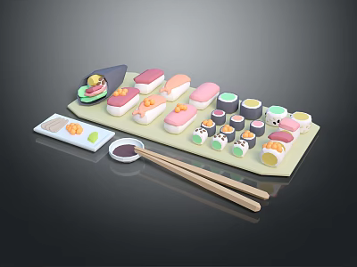 Colorful Assorted Sushi Platter With Nigiri Maki Soy Sauce Wasabi And Chopsticks 3d model