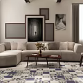 Modern Living Room With L Shaped Sofa Geometric Pattern Rug And Decorative Wall Art