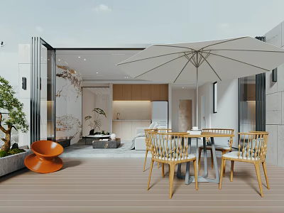 Stylish Outdoor Table on Wooden Deck with Parasol Rattan Chairs Modern Building and Green Plants 3d model